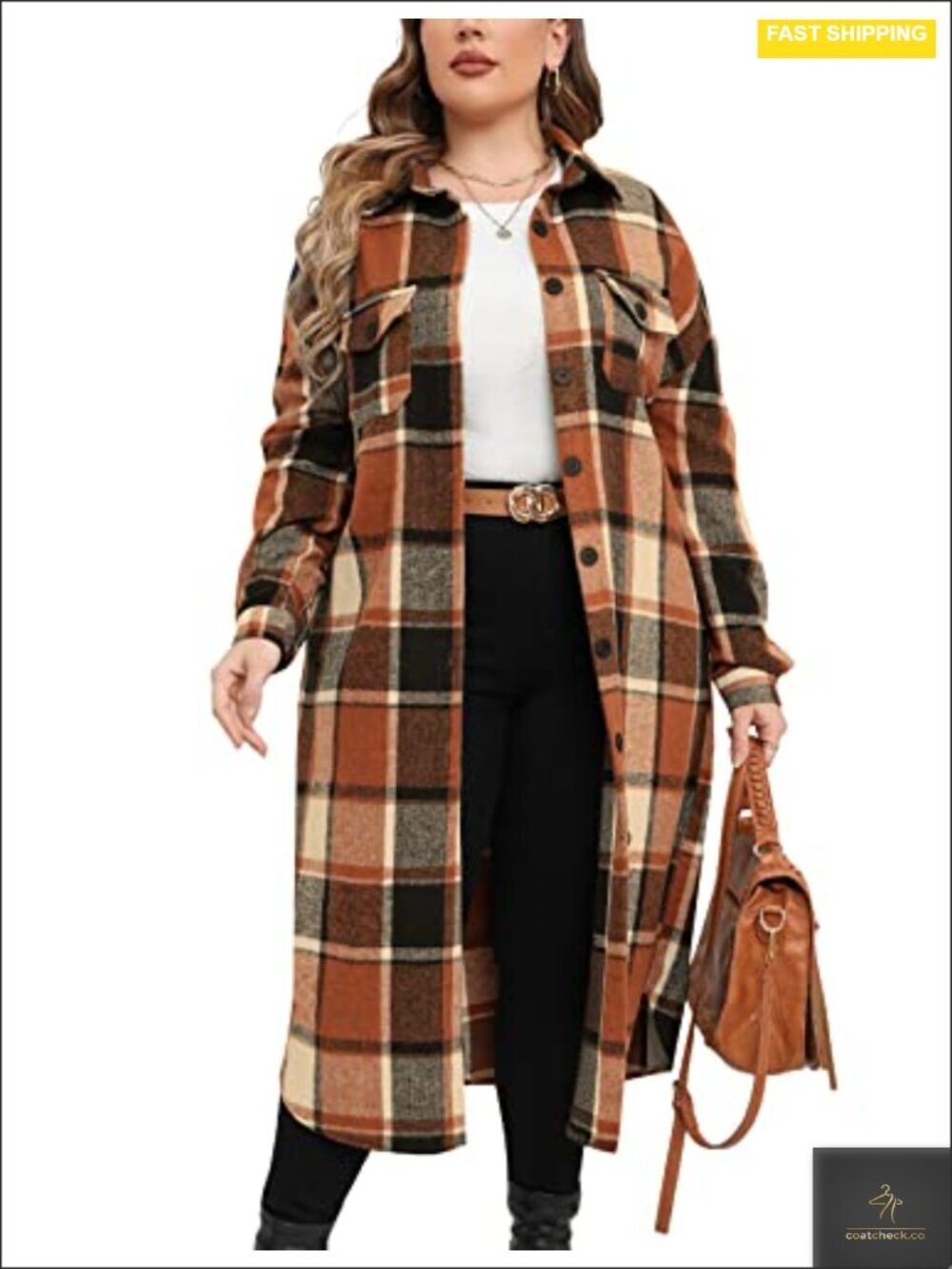 Plus Size Long Flannel Shacket Jacket Button Down Coat with Pockets